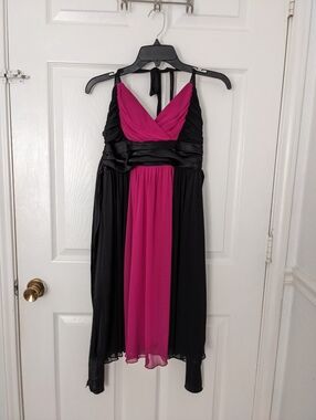 City Triangles Black and Fuchsia High-Low Halter Dress